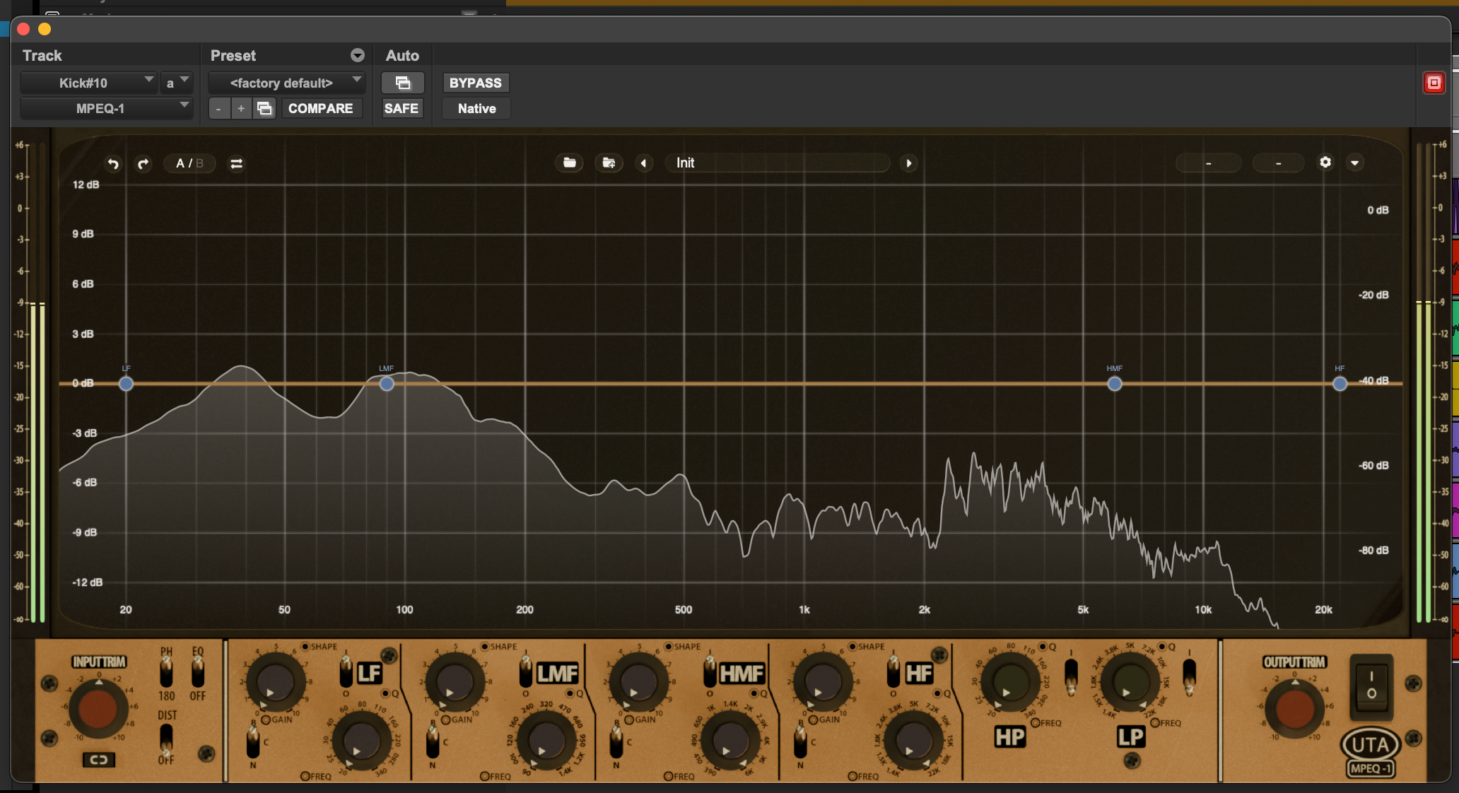 The MPEQ-1 super-parametric saturation equalizer plugin, with its analyzer showing a kick drum