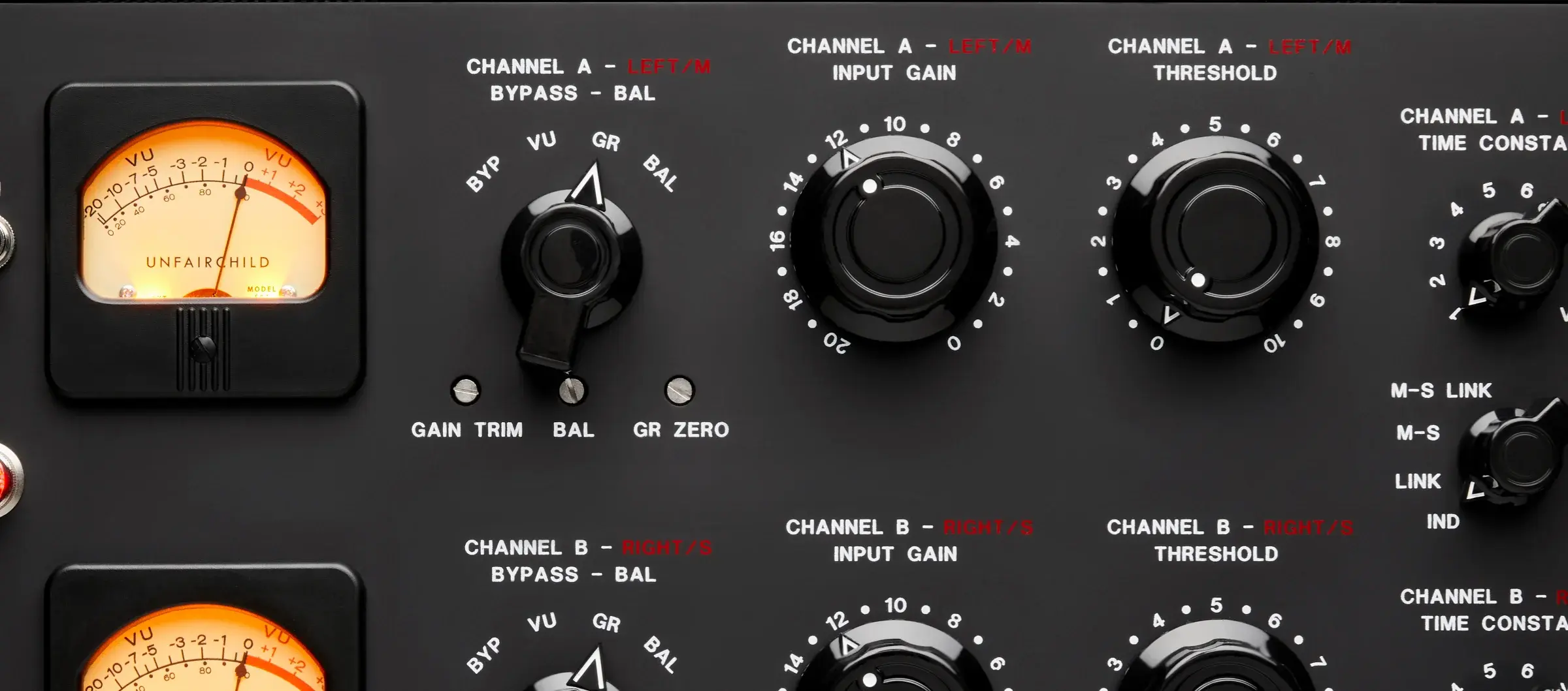 Close-up of the UnFairchild 670M II meters and controls